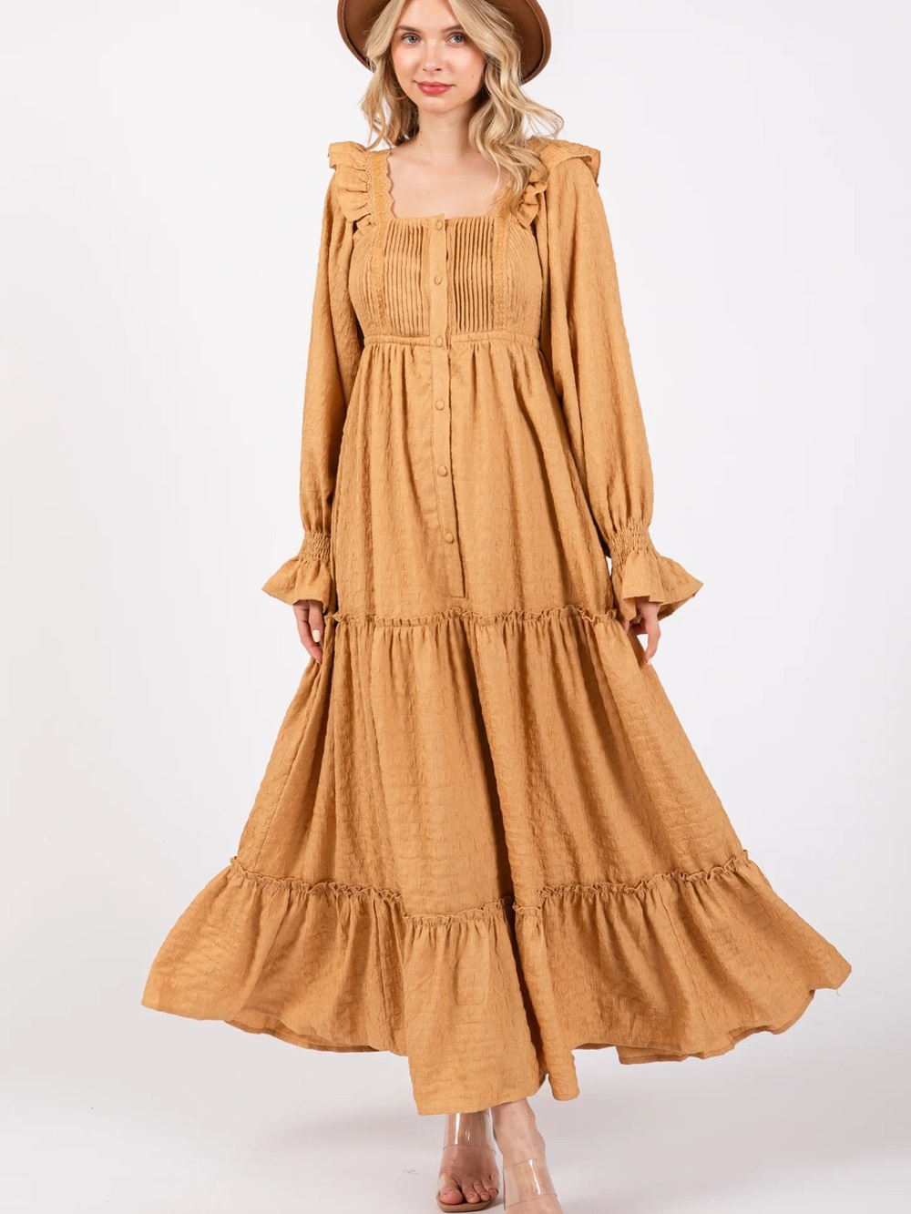 Listicle Mustard Prairie Maxi Dress Ruffle Square Neck Cottagecore Boho